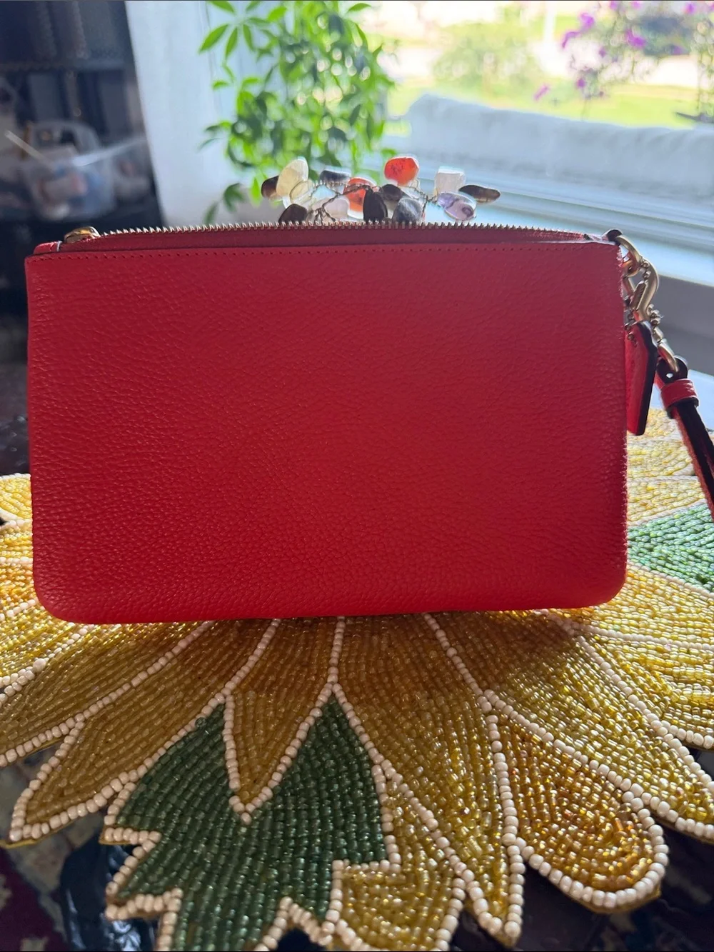 COACH Red Pebbled Leather Wristlet Clutch with Gold Logo